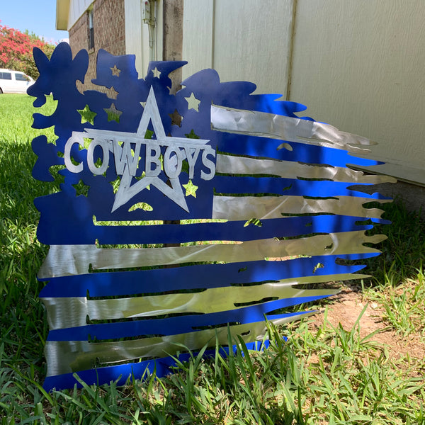 DALLAS COWBOYS METAL TATTERED FLAG BRIGHT BLUE & SILVER CUSTOM VINTAGE CRAFT TEAM SIGN HANDMADE