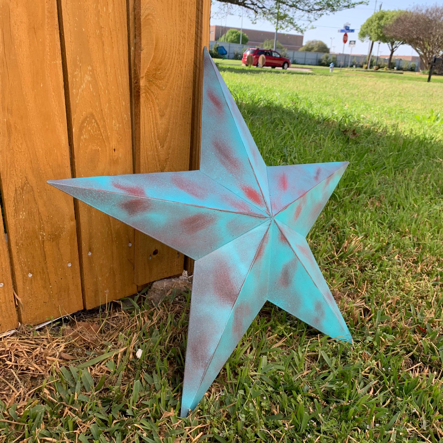 #EH10480 TURQUOISE DISTRESSED TWO TONE BARN STAR METAL ART WESTERN HOME DECOR HANDMADE NEW