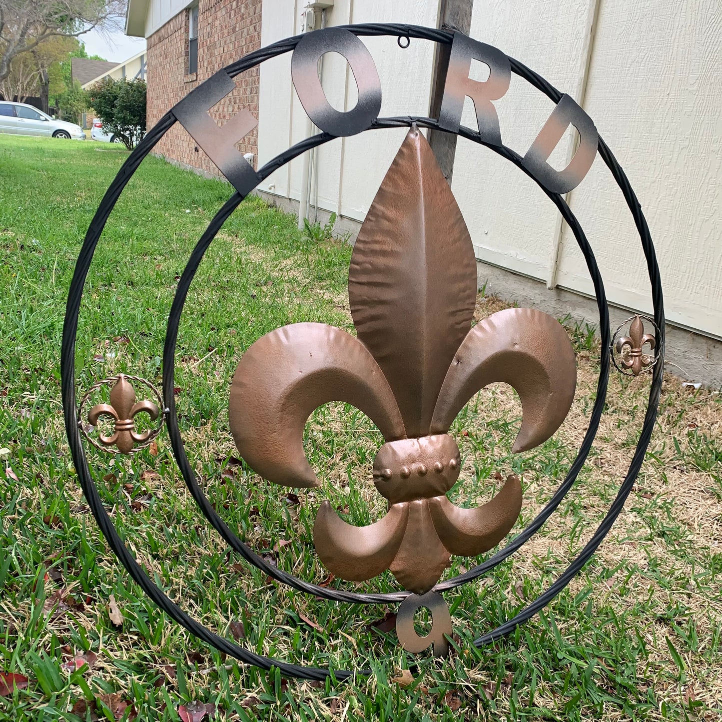 FORD STYLE YOUR CUSTOM NAME FLEUR DE LIS METAL TWISTED ROPE RING SIGN WALL ART WESTERN HOME DECOR HANDMADE 24", 32", 36"