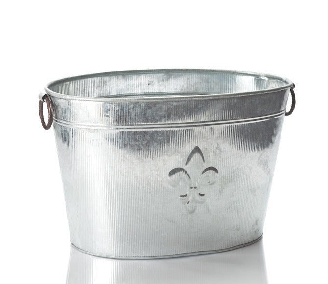 18" GALV. RIBBED FLEUR DE LIS OVAL METAL TUB BUCKET WESTERN HOME DECOR NEW