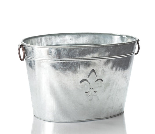 18" GALV. RIBBED FLEUR DE LIS OVAL METAL TUB BUCKET WESTERN HOME DECOR NEW