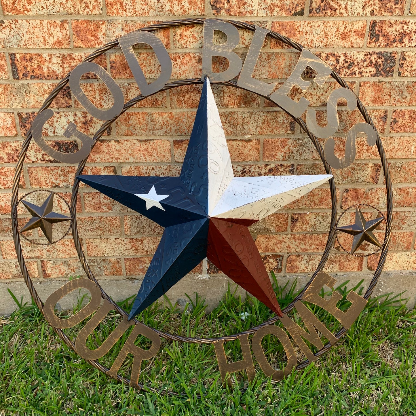 GOD BLESS OUR HOME LICENSE PLATE BARN METAL STAR ROPE RING WALL ART WESTERN HOME DECOR RED WHITE BLUE HANDMADE #EH12927