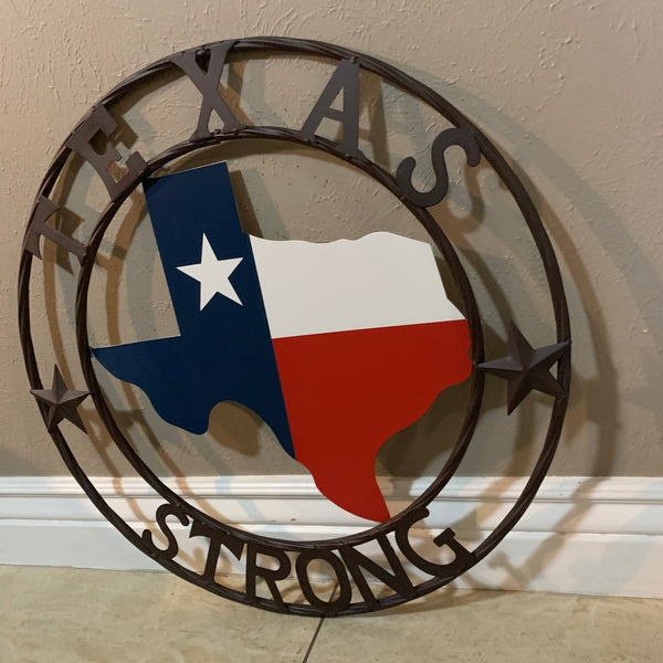 TEXAS STRONG METAL WALL SIGN ART WESTERN HOME DECOR RED WHITE BLUE WITH BROWN RING HANDMADE #EH11570