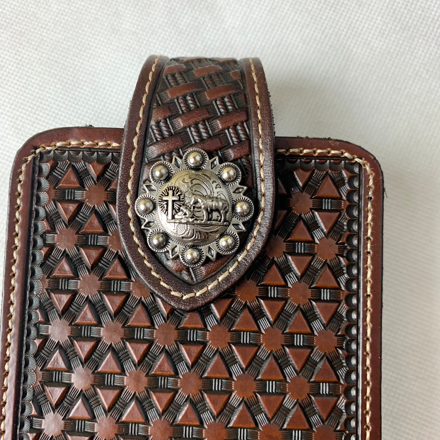 #WS343D 7" COWBOY PRAYER COFFEE BROWN LEATHER POUCH EXTRA LARGE  BELT LOOP HOLSTER CELL PHONE CASE UNIVERSAL OVERSIZE--FREE SHIPPING