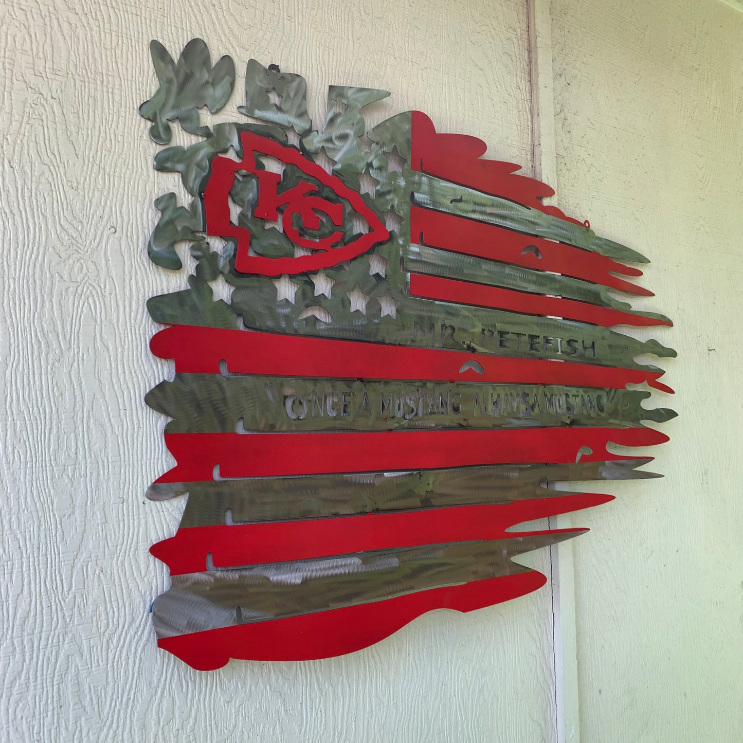 CUSTOM NAME KANSAS CITY CHIEFS METAL TATTERED FLAG CUSTOM VINTAGE CRAFT WALL ART HANDMADE