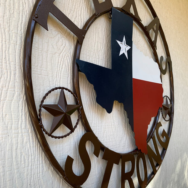 TEXAS STRONG SIGN METAL WALL ART WESTERN HOME DECOR RED WHITE BLUE WITH BRONZE RING HANDMADE #EH13212