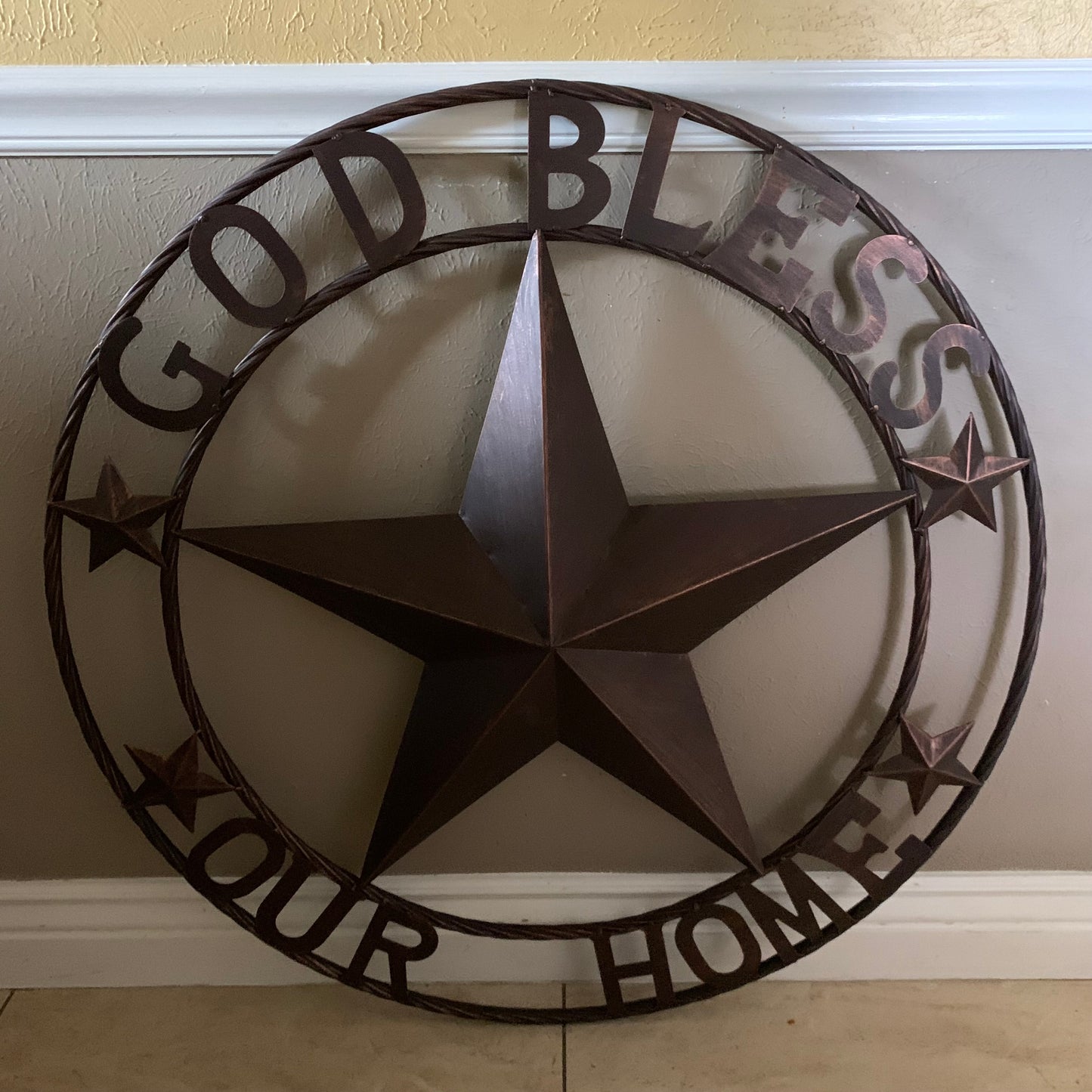 GOD BLESS OUR HOME BARN STAR METAL LONE STAR TWISTED ROPE RING WESTERN HOME DECOR HANDMADE #EH11040