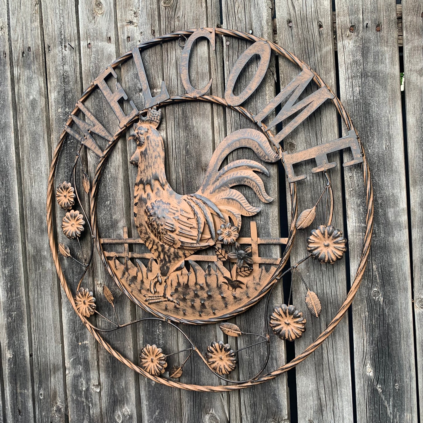 #EH11437 ROOSTER WELCOME 24" SCROLL ART METAL SIGN WESTERN HOME DECOR NEW