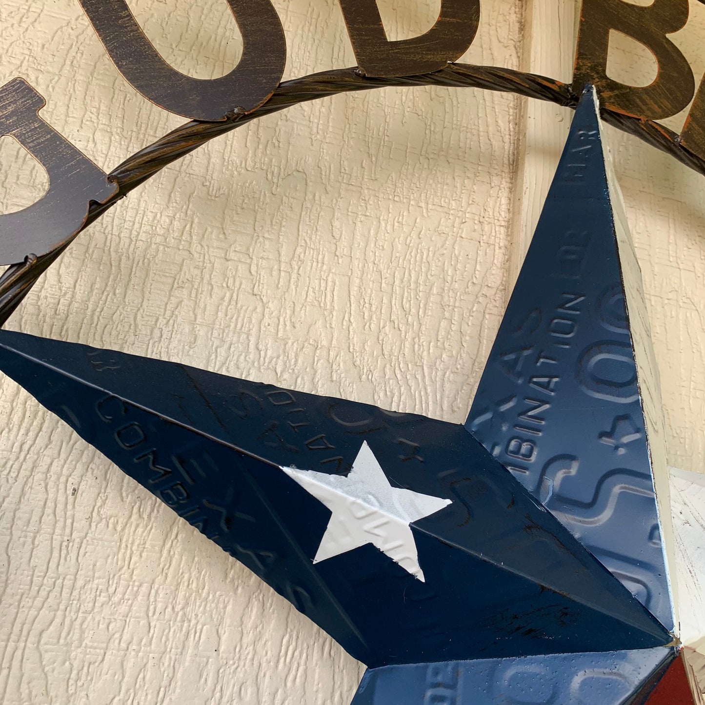 GOD BLESS OUR HOME LICENSE PLATE BARN METAL STAR ROPE RING WALL ART WESTERN HOME DECOR RED WHITE BLUE HANDMADE #EH12927