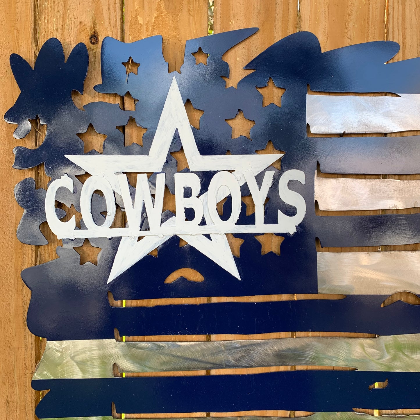 DALLAS COWBOYS METAL TATTERED FLAG NAVY BLUE, WHITE & SILVER CUSTOM VINTAGE CRAFT TEAM SIGN HANDMADE USA #EH11991