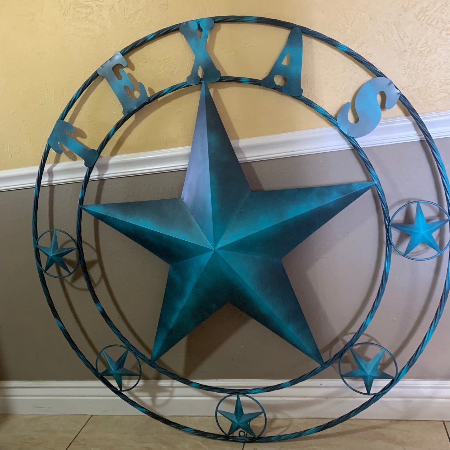 TEXAS LONESTAR TURQUOISE DISTRESSED TWO TONE METAL BARN STAR TWISTED ROPE RING WALL ART WESTERN HOME DECOR HANDMADE NEW #EH10483