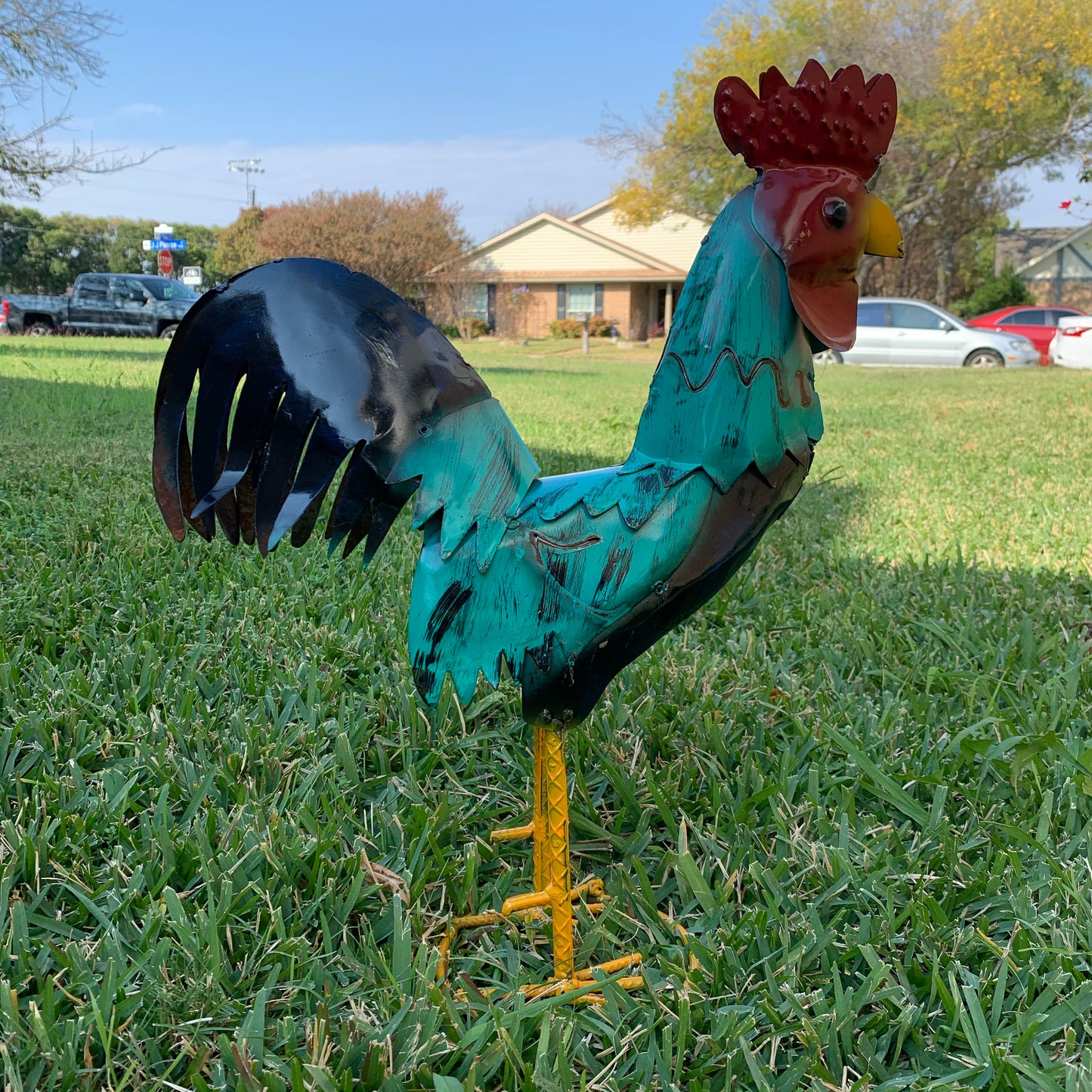 #34-041 RUSTIC TURQUOISE ROOSTER 20",30",40" CHICKEN GARDEN ANIMAL SCULPTURE METAL DECOR ORNAMENT HANDMADE