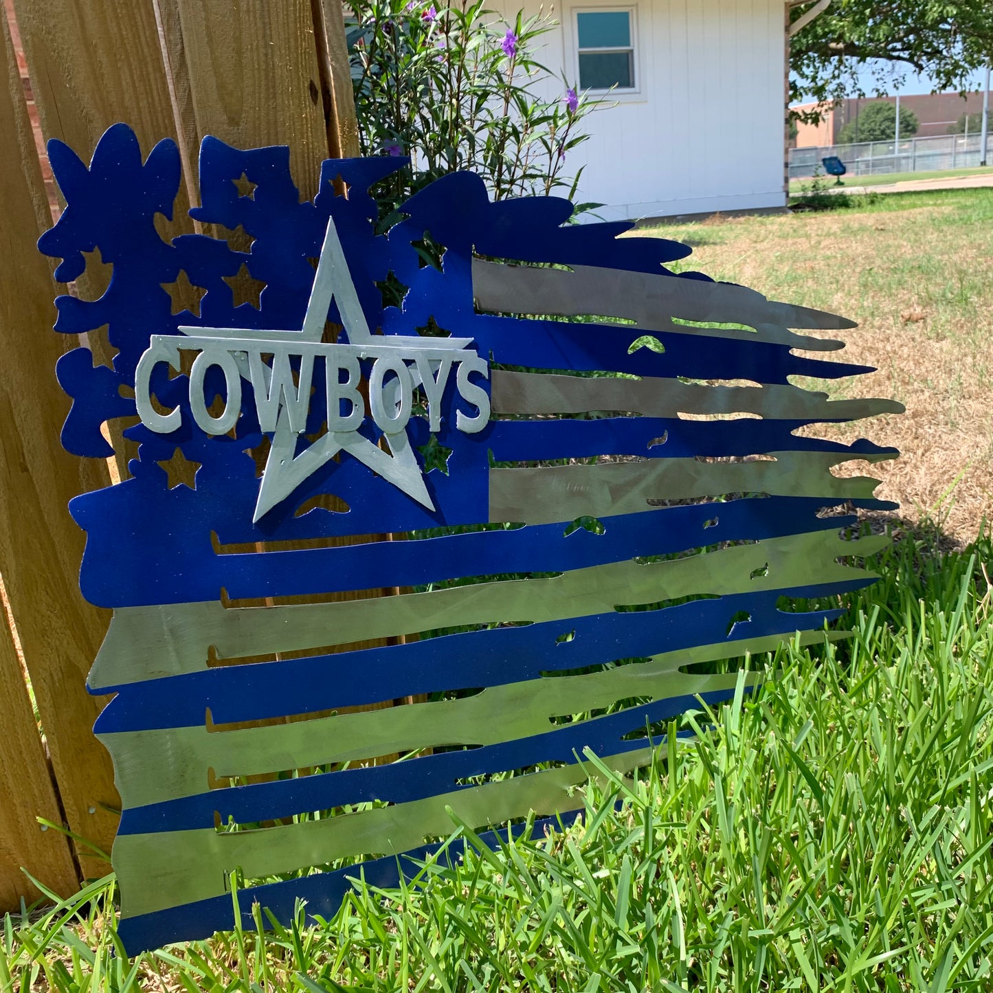 DALLAS COWBOYS METAL TATTERED FLAG BRIGHT BLUE & SILVER CUSTOM VINTAGE CRAFT TEAM SIGN HANDMADE