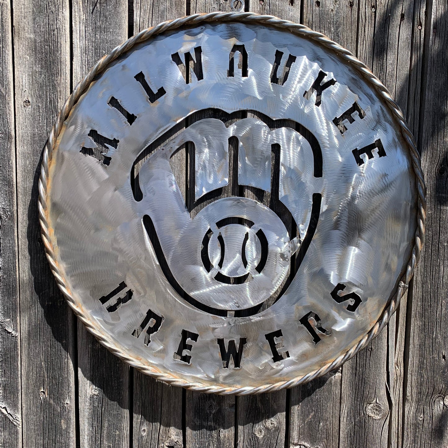 24" MILWAUKEE BREWERS RAW METAL WIDE BAND DISC STYLE CUSTOM METAL VINTAGE CRAFT TEAM SIGN HANDMADE