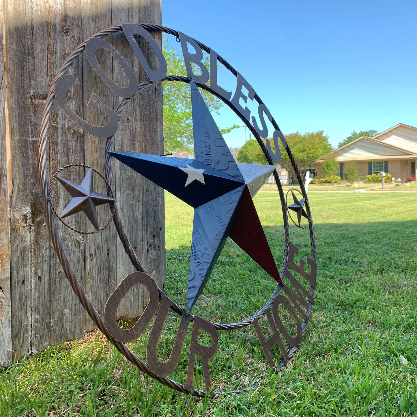GOD BLESS OUR HOME LICENSE PLATE BARN METAL STAR ROPE RING WALL ART WESTERN HOME DECOR RED WHITE BLUE HANDMADE #EH12927