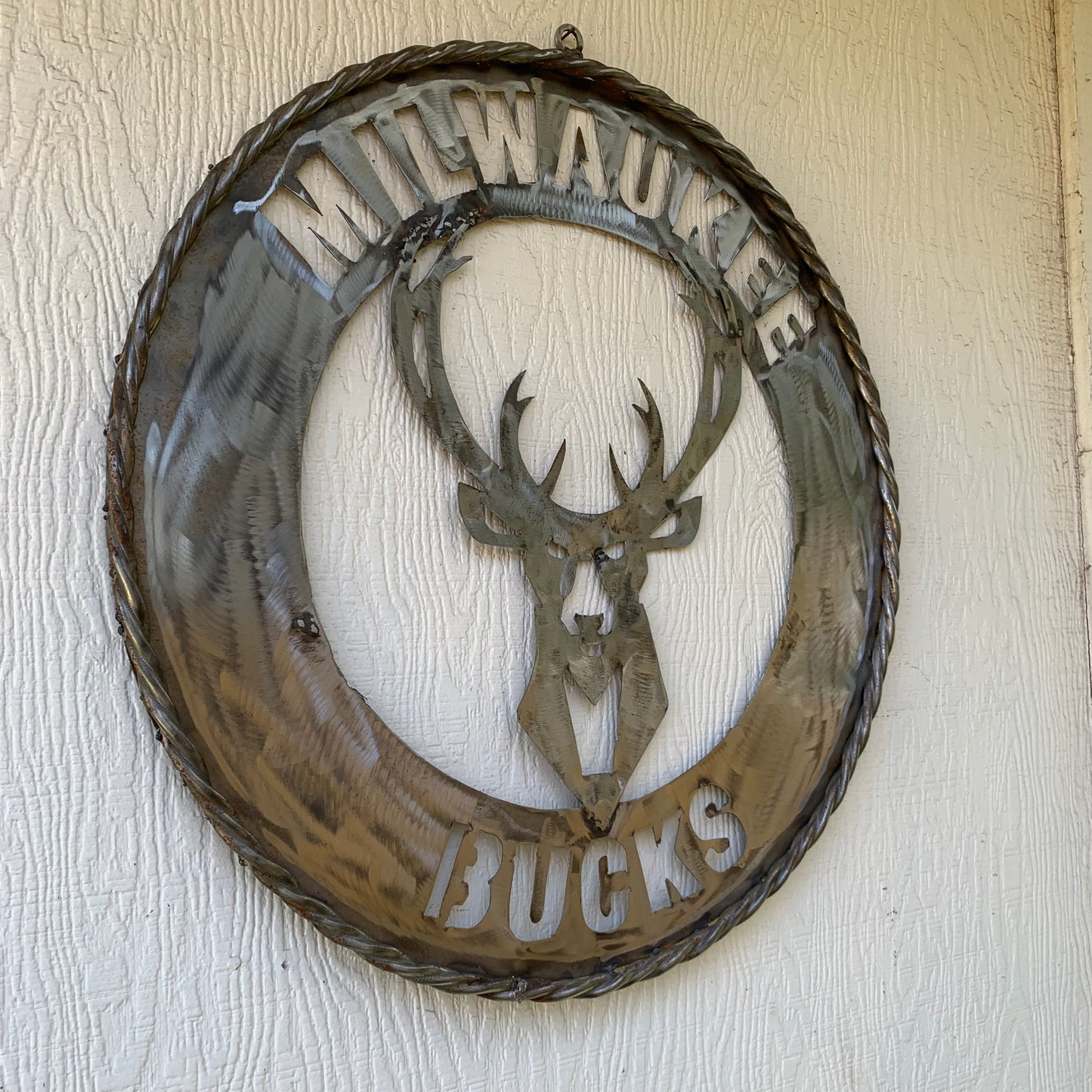 24" MILWAUKEE BUCKS RAW METAL WIDE BAND DISC STYLE METAL CUSTOM VINTAGE CRAFT TEAM SPORTS SIGN HANDMADE