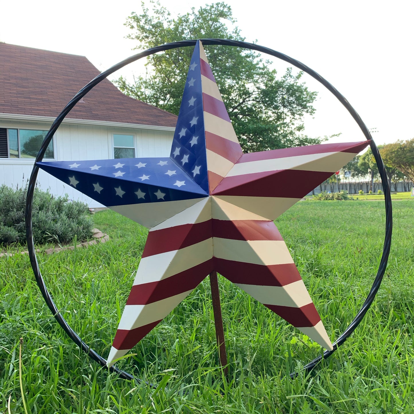 AMERICAN Flag USA Metal Barn Star RED WHITE & BLUE with Black Rope Ring Western Home Decor Handmade 12",16",24",30",34",36",40",48"