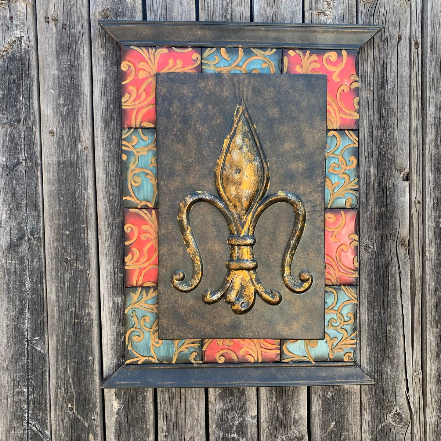 RA7868 FLEUR DE LIS SQUARE WALL DECOR WESTERN HOME DECOR 24" X 16" HANDMADE NEW
