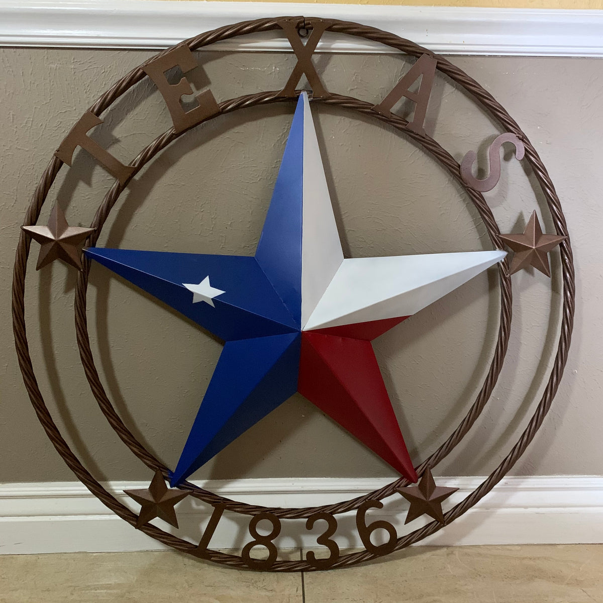 TEXAS 1836  FLAG STAR RED WHITE BLUE BARN STAR TWISTED ROPE RING BRONZE WESTERN HOME DECOR  #EH10958