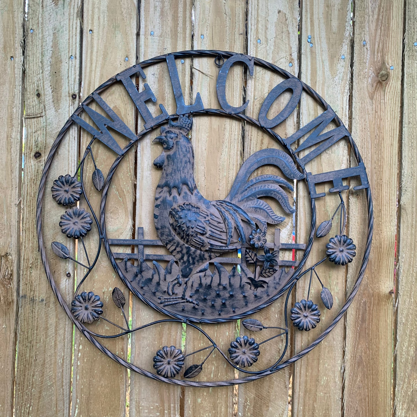 #EH11437 ROOSTER WELCOME 24" SCROLL ART METAL SIGN WESTERN HOME DECOR NEW