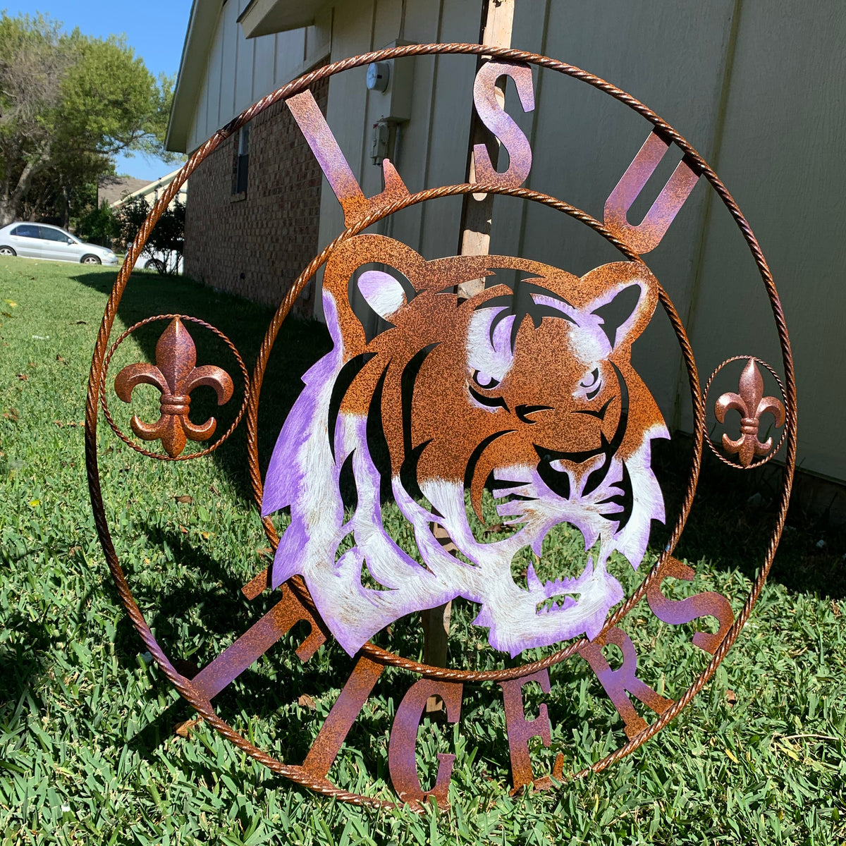 LSU TIGERS PURPLE WHITE CUSTOM METAL VINTAGE CRAFT SIGN TEAM WALL ART WESTERN HOME DECOR HANDMADE