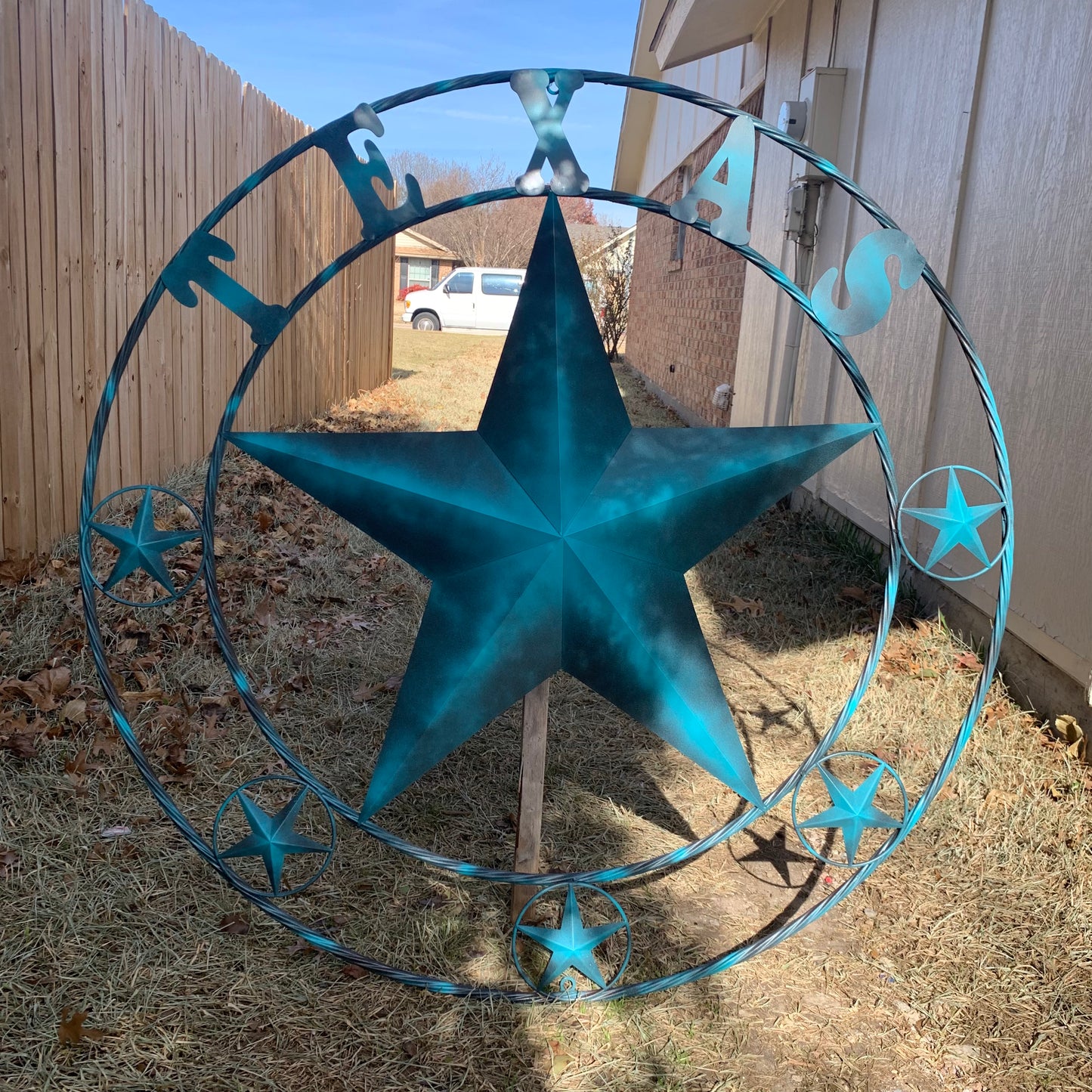 TEXAS LONESTAR TURQUOISE DISTRESSED TWO TONE METAL BARN STAR TWISTED ROPE RING WALL ART WESTERN HOME DECOR HANDMADE NEW #EH10483