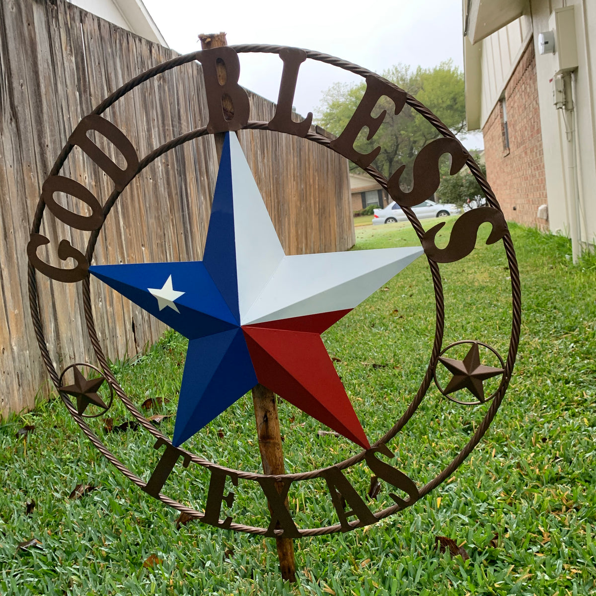 GOD BLESS TEXAS RED WHITE BLUE BARN METAL STAR BRONZE TWISTED ROPE RING WALL ART WESTERN HOME DECOR HANDMADE #EH11884