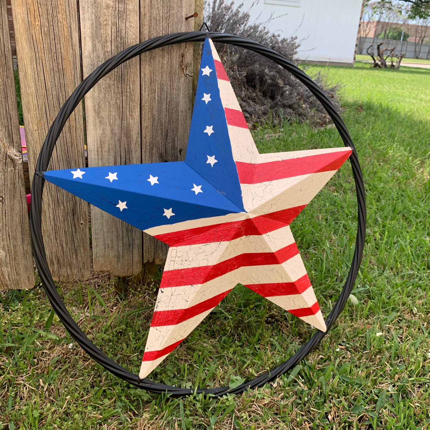 24" AMERICAN USA FLAG CRACKLE STAR METAL WALL ART WESTERN HOME DECOR HANDMADE NEW