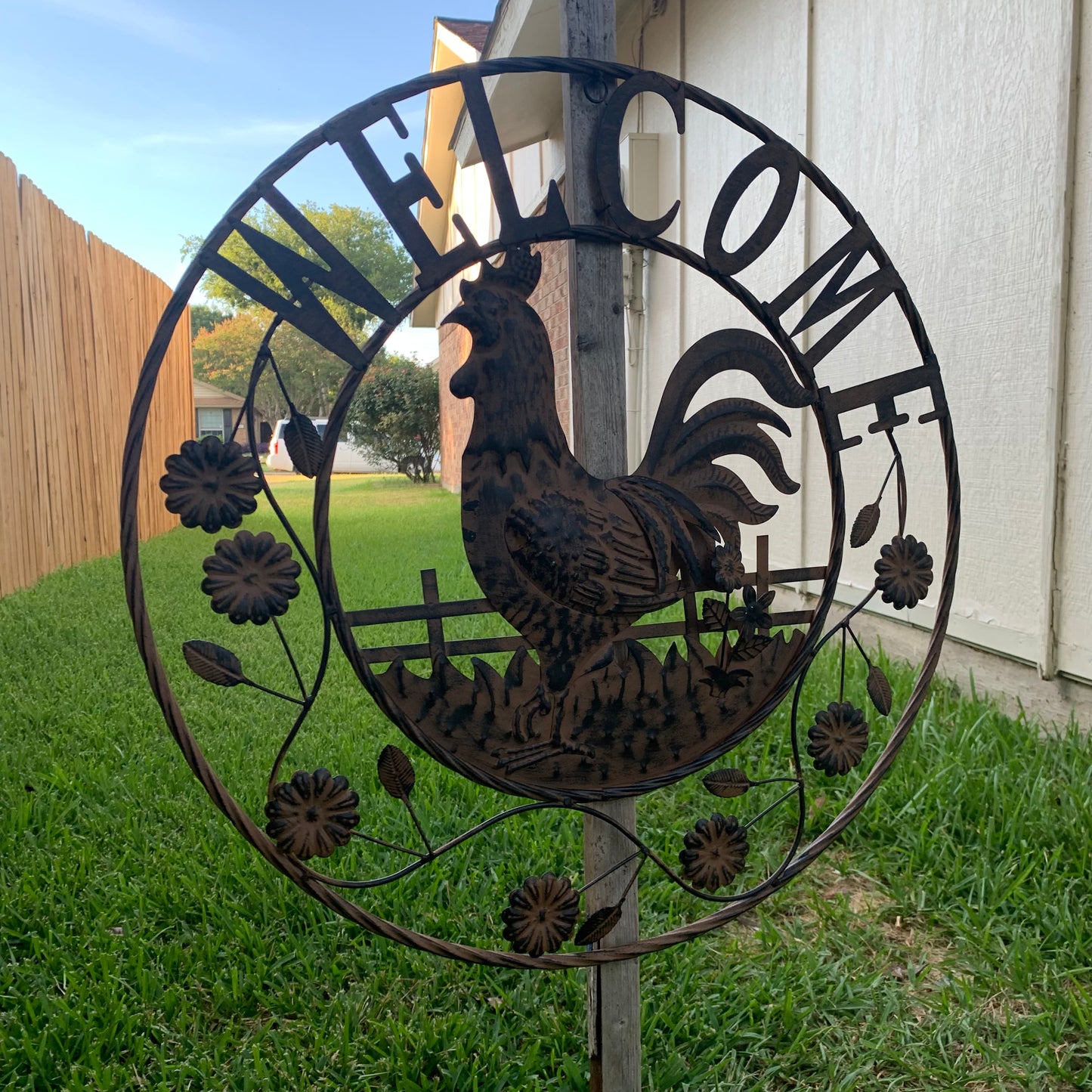 #EH11437 ROOSTER WELCOME 24" SCROLL ART METAL SIGN WESTERN HOME DECOR NEW