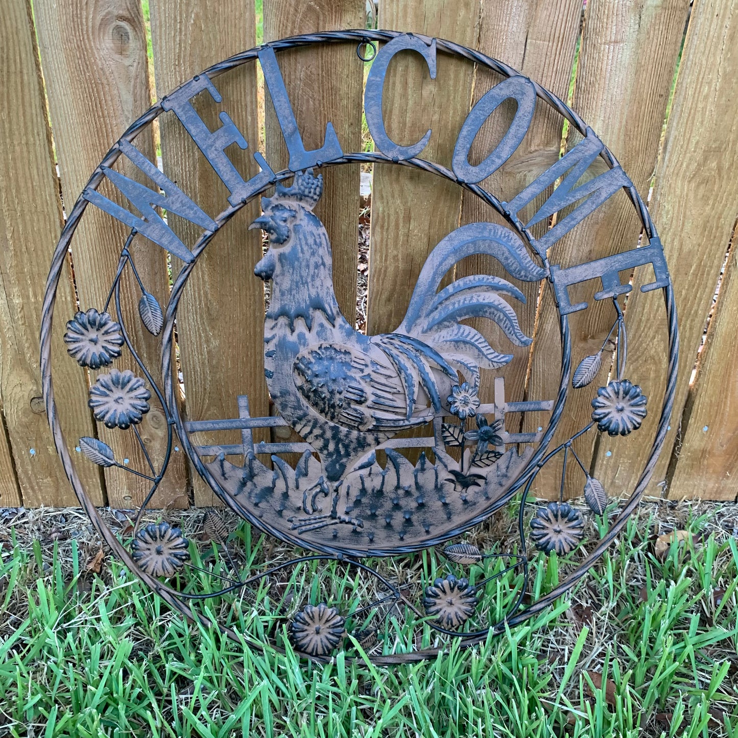 #EH11437 ROOSTER WELCOME 24" SCROLL ART METAL SIGN WESTERN HOME DECOR NEW