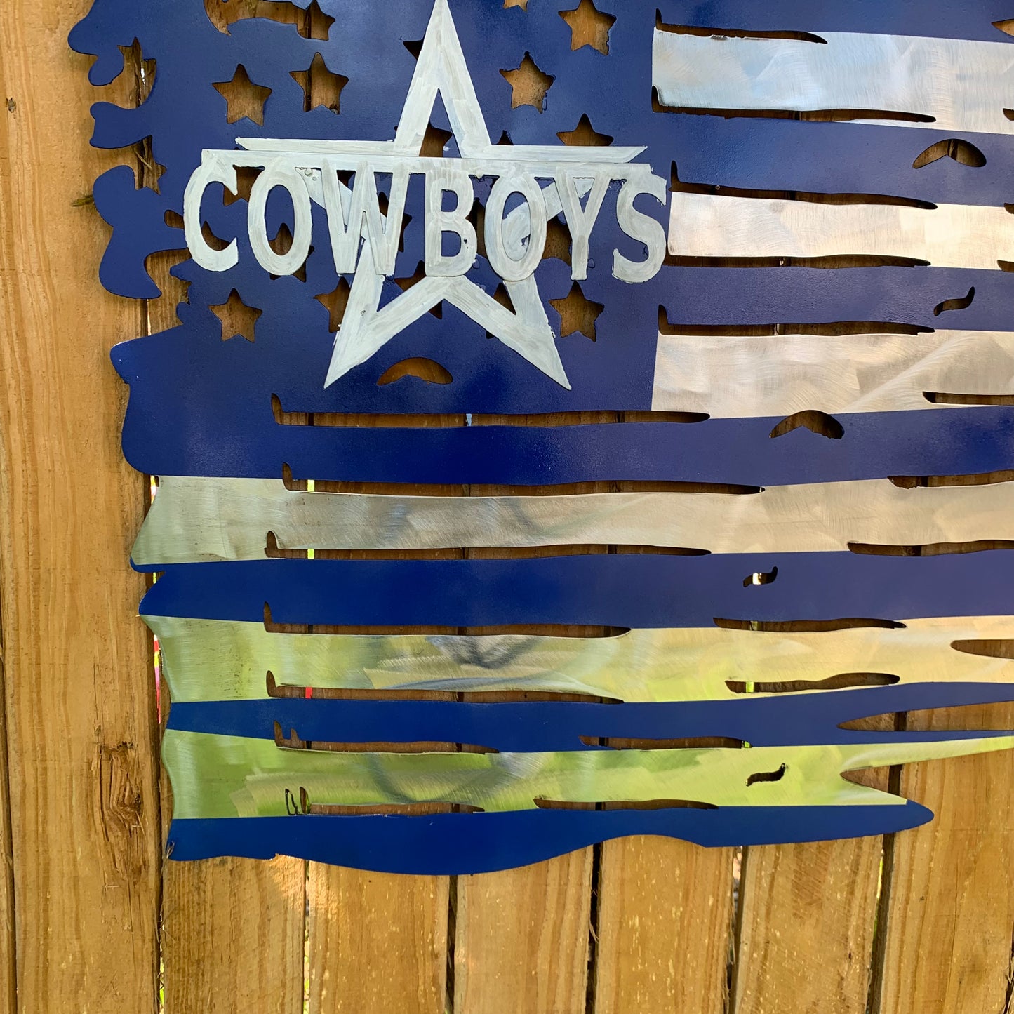 DALLAS COWBOYS METAL TATTERED FLAG BRIGHT BLUE & SILVER CUSTOM VINTAGE CRAFT TEAM SIGN HANDMADE