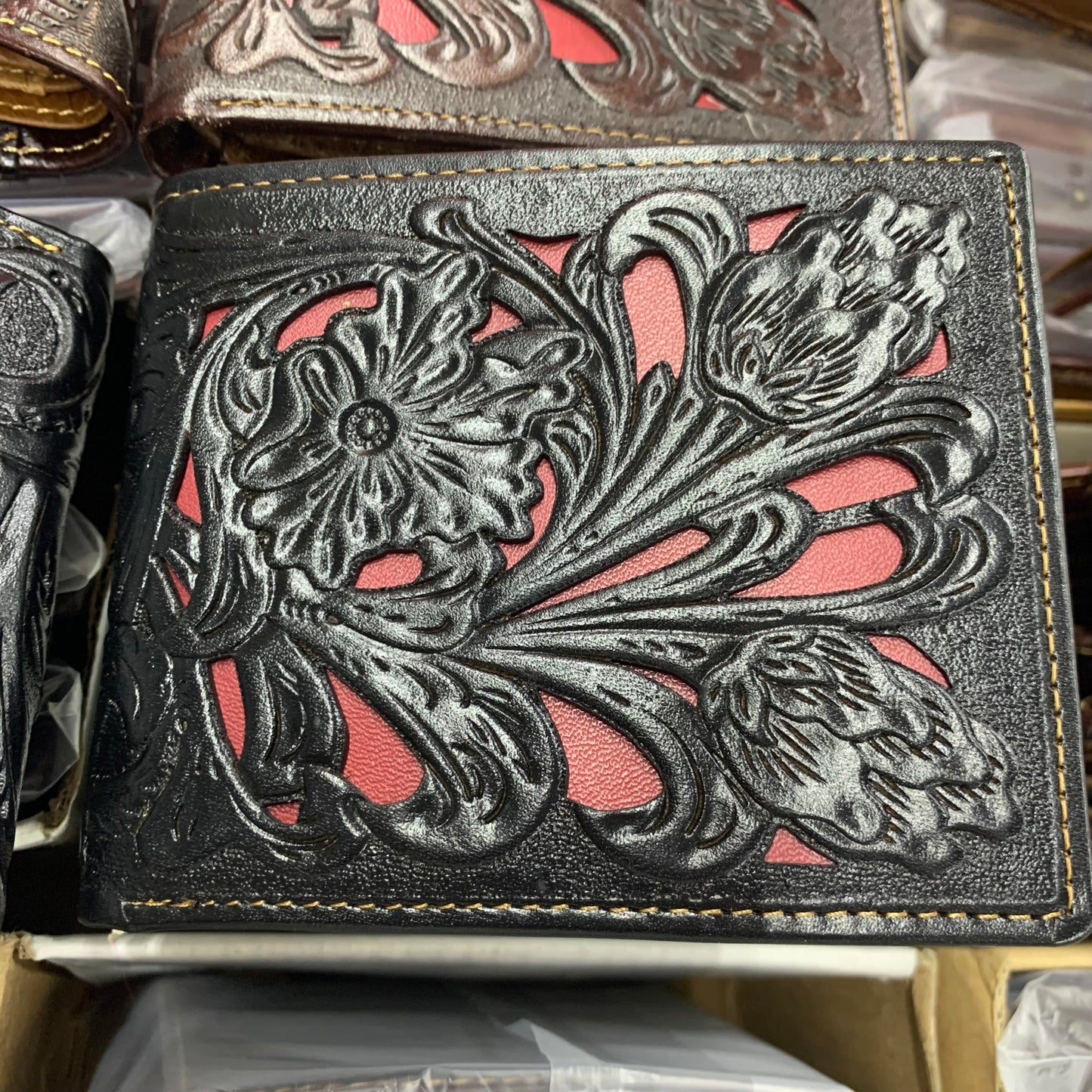 5" BLACK  & RED MEN'S WALLET GENUINE LEATHER BIFOLD WESTERN STYLE WALLET NEW