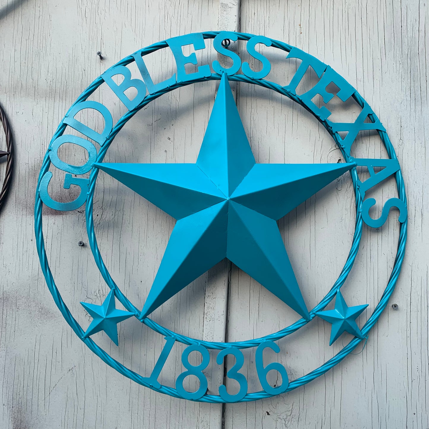 GOD BLESS TEXAS 1836 BARN METAL STAR TWISTED ROPE RING WESTERN HOME DECOR RUSTIC TURQUOISE SEASIDE NEW 24",32",36"