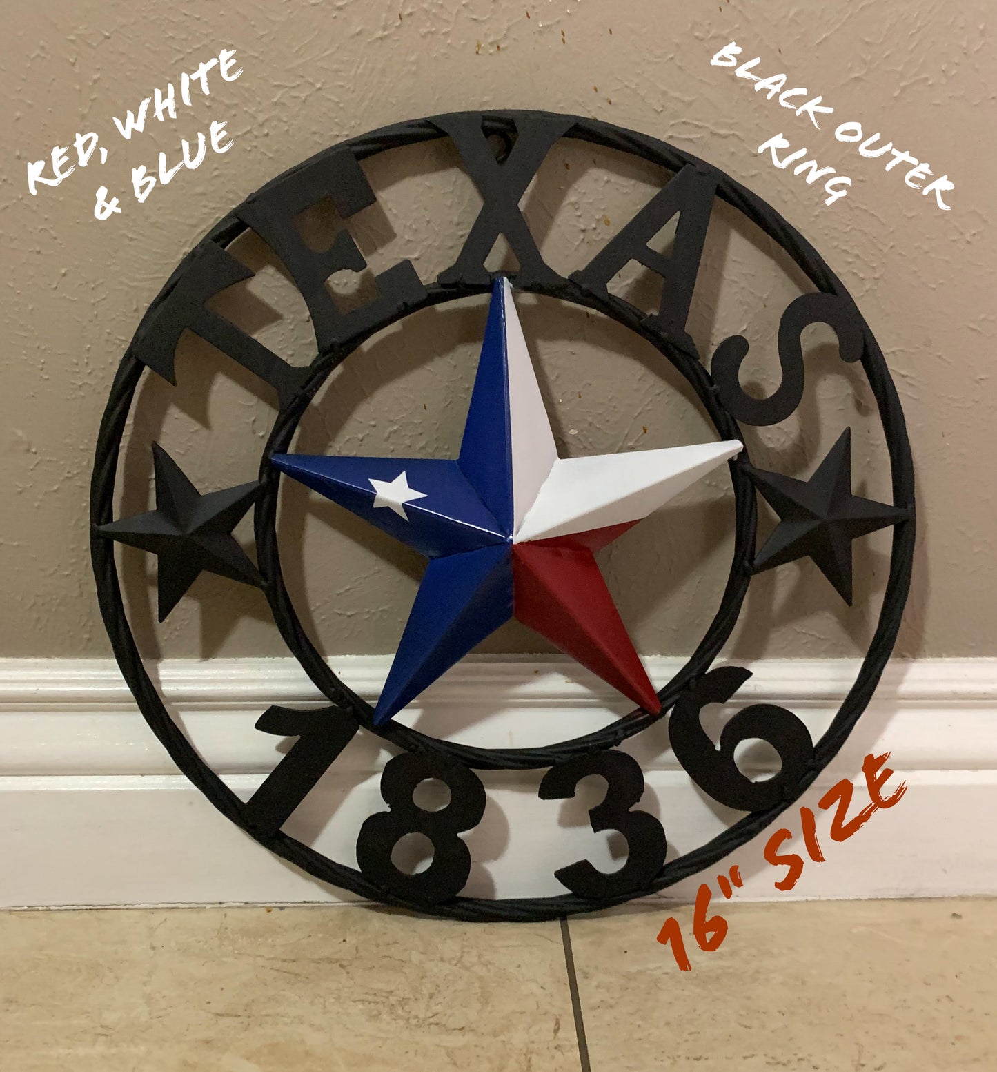 16" TEXAS 1836 RED WHITE BLUE TEXAS FLAG STAR & BLACK RING BARN STAR METAL WALL WESTERN HOME DECOR HANDMADE NEW ART