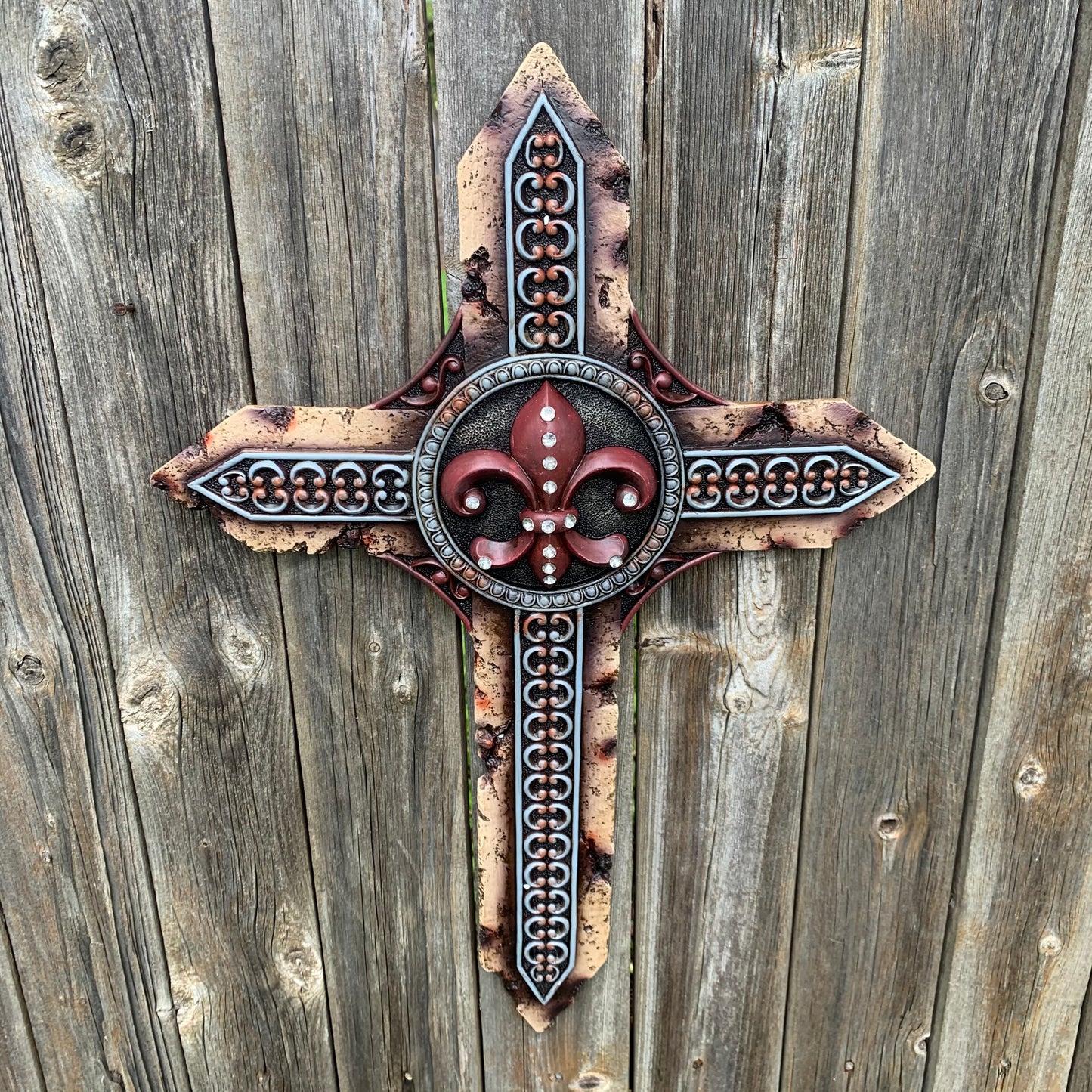 P&G FLEUR DE LIS STONE CROSS WESTERN HOME DECOR NEW ART--FREE SHIPPING