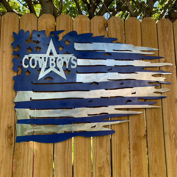 DALLAS COWBOYS METAL TATTERED FLAG BRIGHT BLUE & SILVER CUSTOM VINTAGE  CRAFT TEAM SIGN HANDMADE