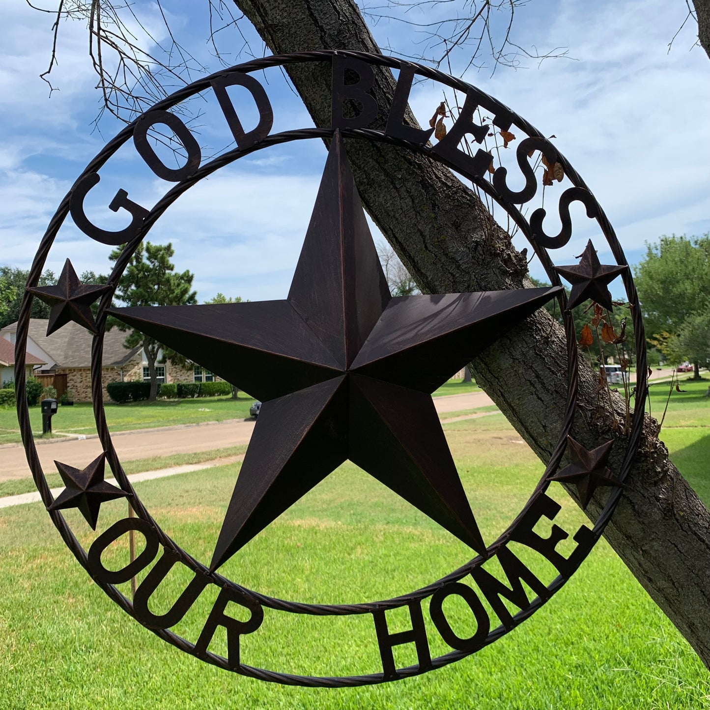 GOD BLESS OUR HOME BARN STAR METAL LONE STAR TWISTED ROPE RING WESTERN HOME DECOR HANDMADE #EH11040