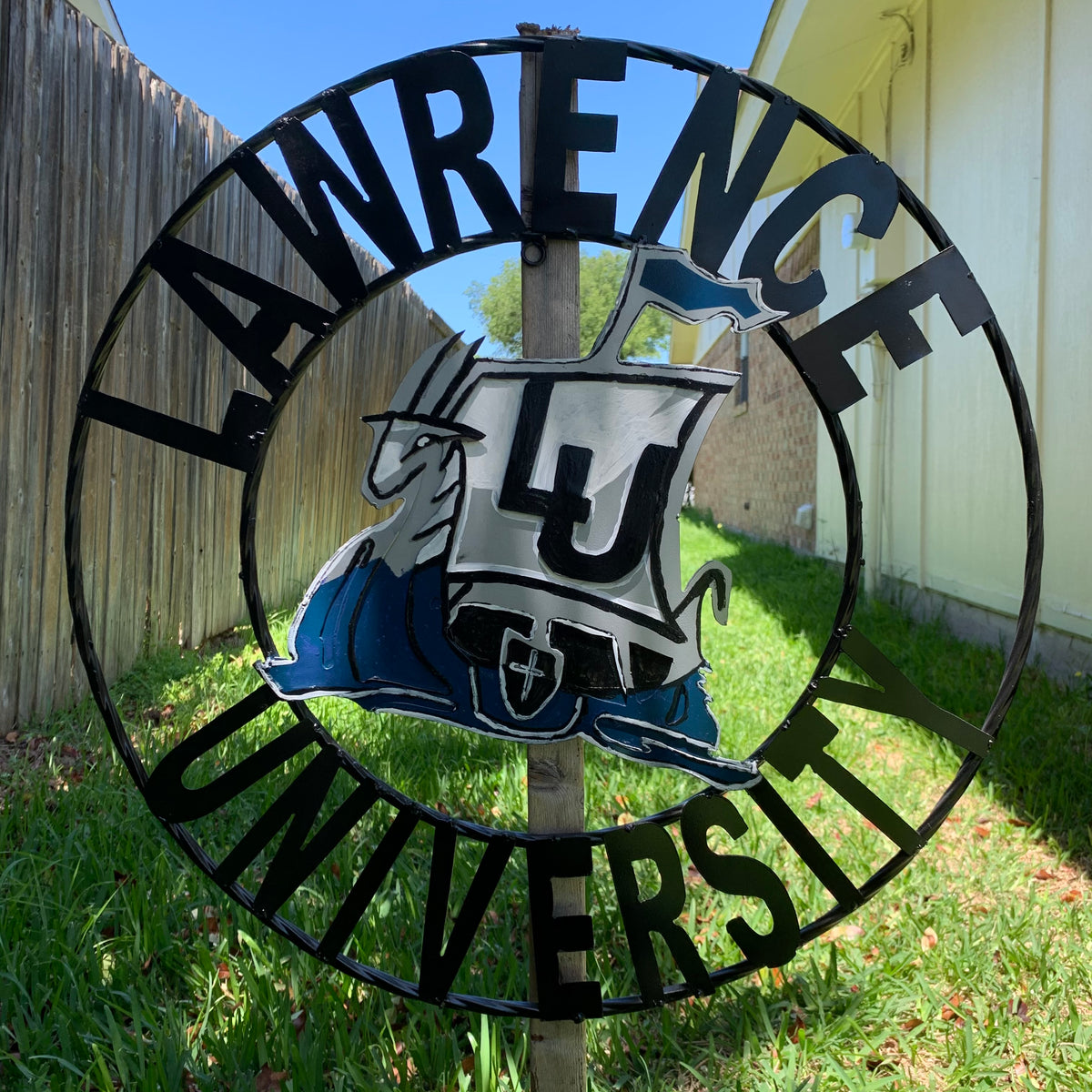 LAWRENCE UNIVERSITY METAL CUSTOM VINTAGE CRAFT WALL ART RUSTIC BLUE SILVER WHITE TEAM SIGN HANDMADE