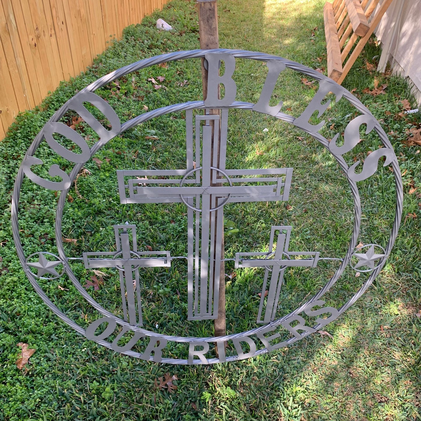 40"GOD BLESS OUR RIDERS CRUCIFIX GREY CROSS METAL WALL ART HANDMADE