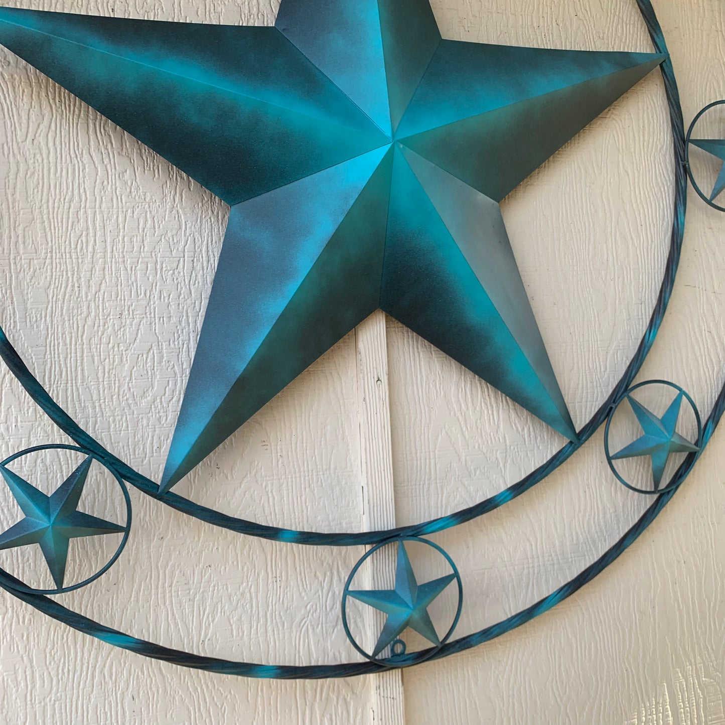 TEXAS LONESTAR TURQUOISE DISTRESSED TWO TONE METAL BARN STAR TWISTED ROPE RING WALL ART WESTERN HOME DECOR HANDMADE NEW #EH10483