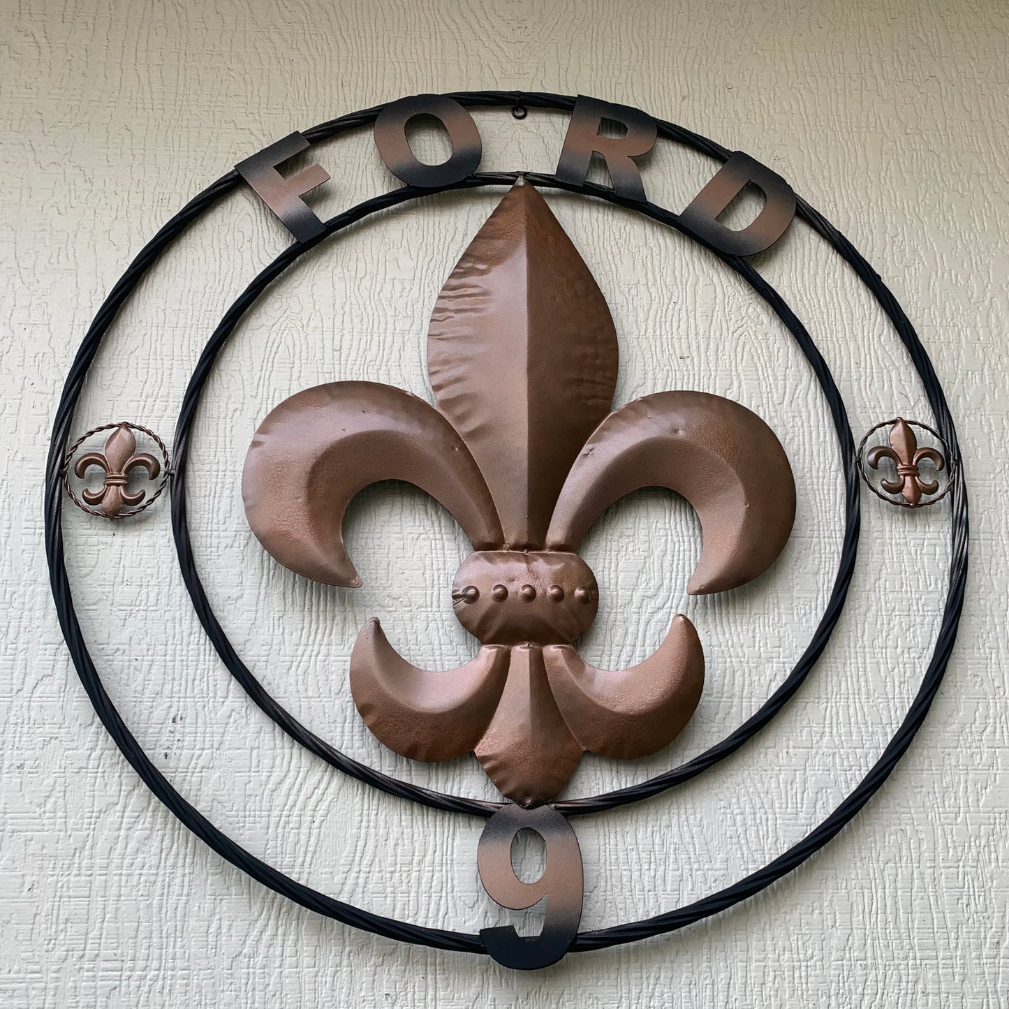 FORD STYLE YOUR CUSTOM NAME FLEUR DE LIS METAL TWISTED ROPE RING SIGN WALL ART WESTERN HOME DECOR HANDMADE 24", 32", 36"