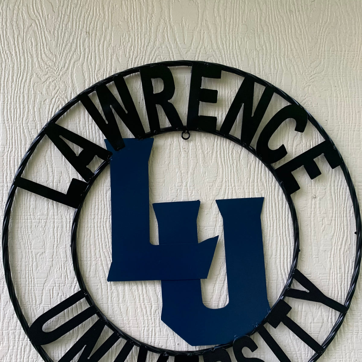 LAWRENCE UNIVERSITY METAL CUSTOM VINTAGE CRAFT WALL ART RUSTIC BLUE & BLACK TEAM SIGN HANDMADE