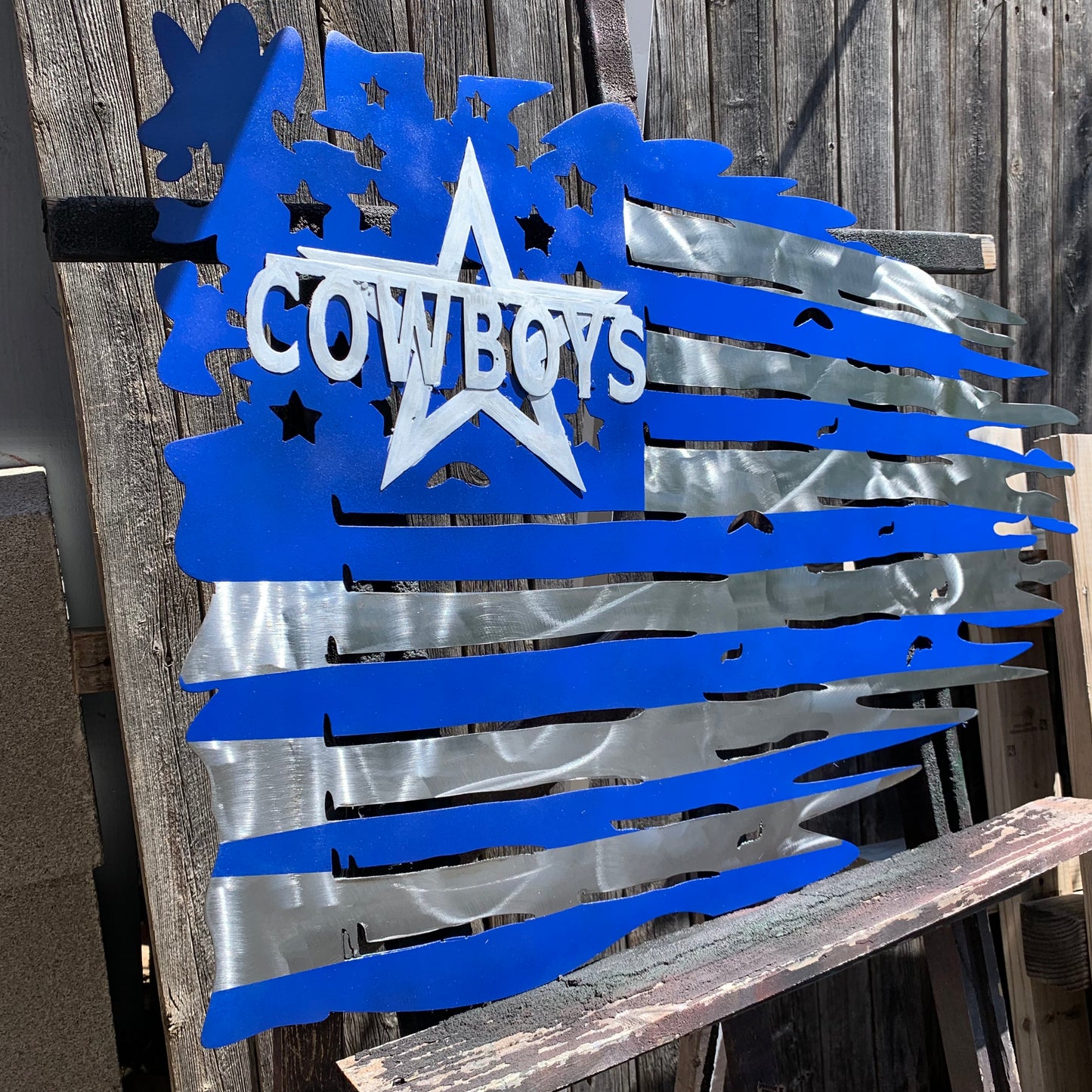 DALLAS COWBOYS METAL TATTERED FLAG BRIGHT BLUE & SILVER CUSTOM VINTAGE CRAFT TEAM SIGN HANDMADE