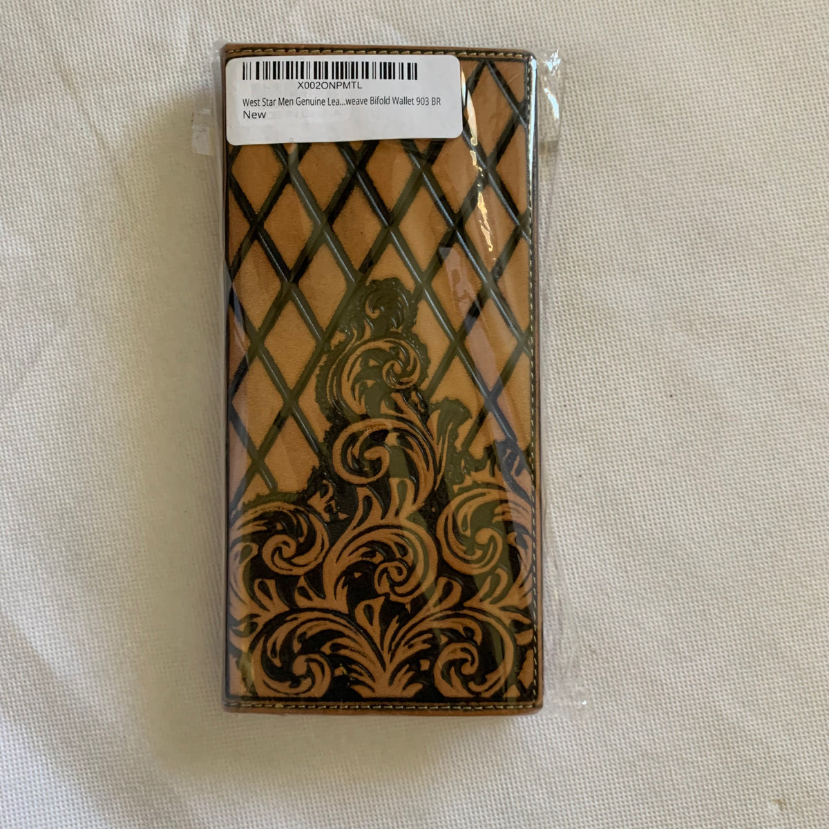 WESTERN CHECKBOOK BI FOLD WALLET or MEN'S WALLET GENUINE LEATHER TAN/BLACK FRONT FLORAL EMBOSSED NEW