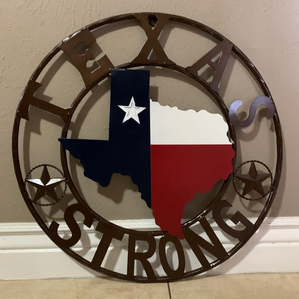 TEXAS STRONG SIGN METAL WALL ART WESTERN HOME DECOR RED WHITE BLUE WITH BRONZE RING HANDMADE #EH13212