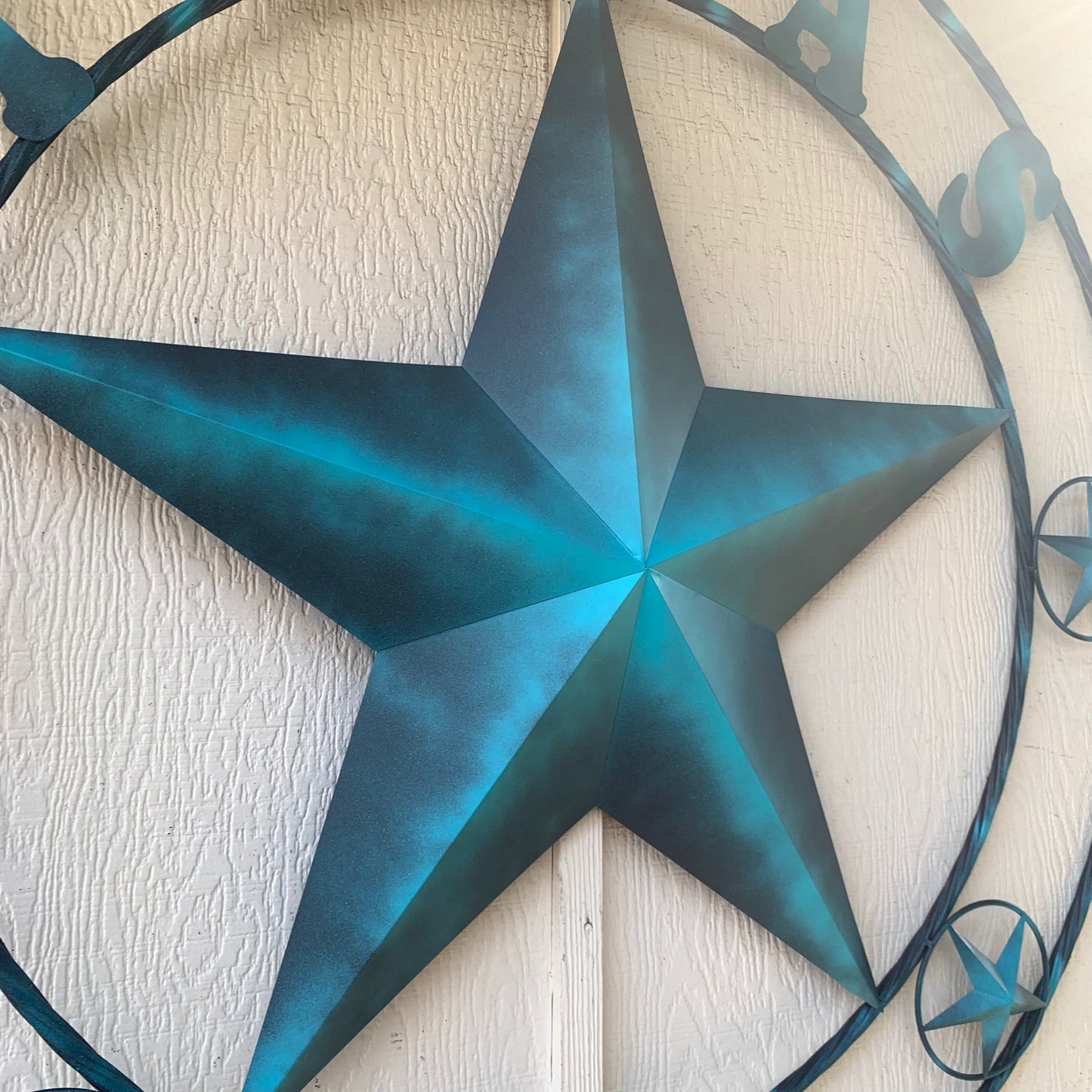 TEXAS LONESTAR TURQUOISE DISTRESSED TWO TONE METAL BARN STAR TWISTED ROPE RING WALL ART WESTERN HOME DECOR HANDMADE NEW #EH10483