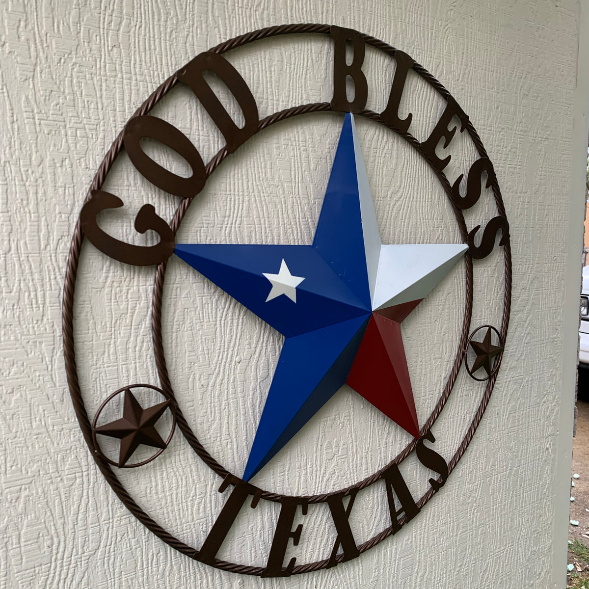 GOD BLESS TEXAS RED WHITE BLUE BARN METAL STAR BRONZE TWISTED ROPE RING WALL ART WESTERN HOME DECOR HANDMADE #EH11884