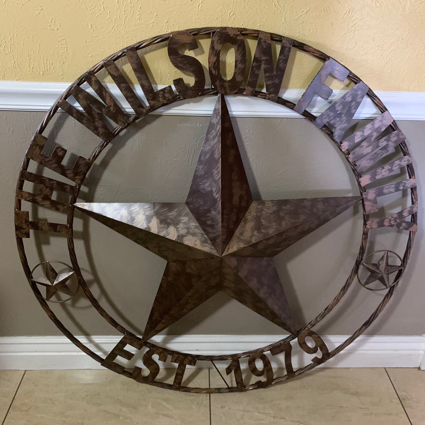 COLOMINA STYLE YOUR CUSTOM NAME BARN STAR BRONZE BRUSH COPPER METAL STAR 3d TWISTED ROPE RING COLOMINA WESTERN HOME DECOR RUSTIC VINTAGE HANDMADE 24",32",36",40",42",44",46",50"