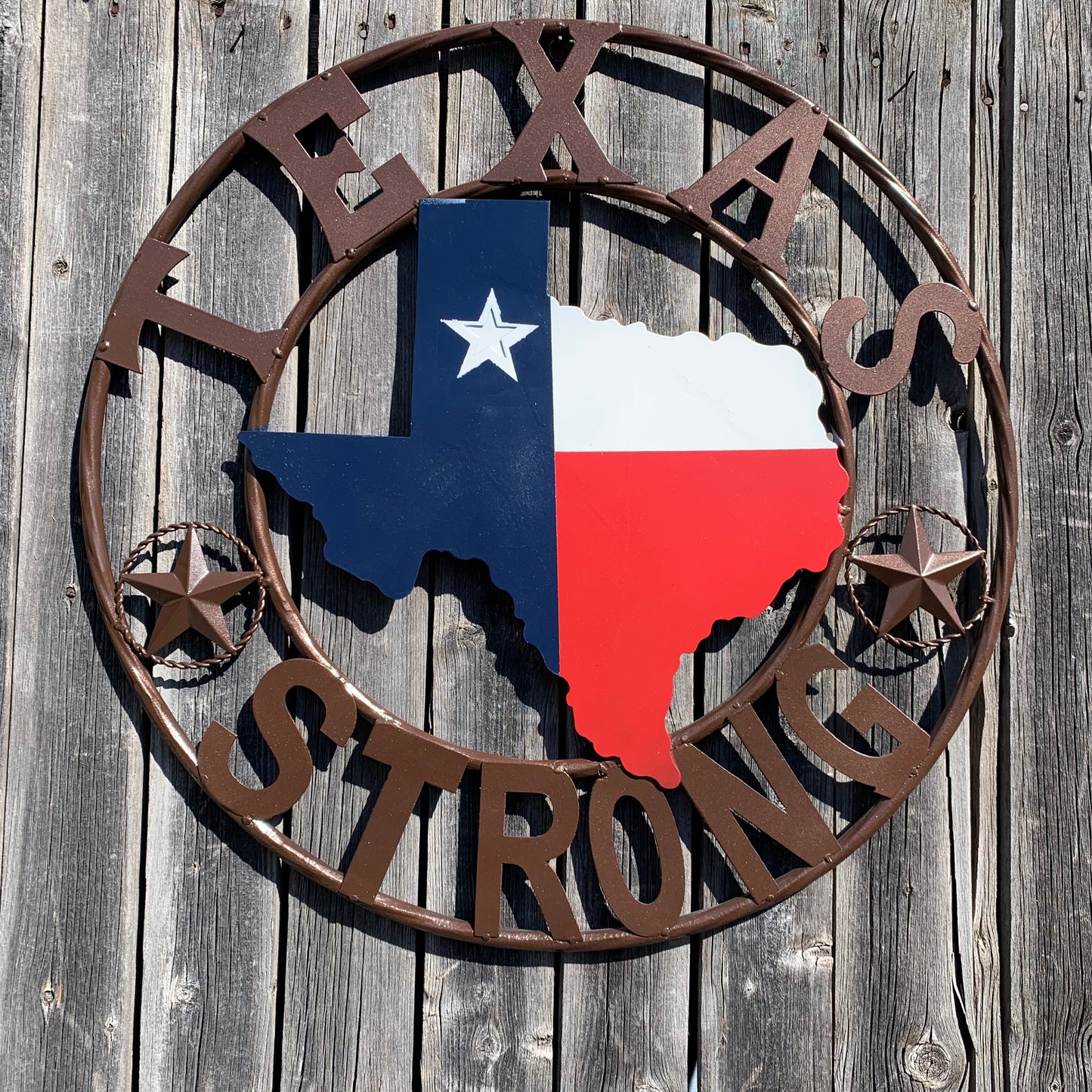 TEXAS STRONG SIGN METAL WALL ART WESTERN HOME DECOR RED WHITE BLUE WITH BRONZE RING HANDMADE #EH13212