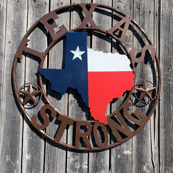 TEXAS STRONG SIGN METAL WALL ART WESTERN HOME DECOR RED WHITE BLUE WITH BRONZE RING HANDMADE #EH13212